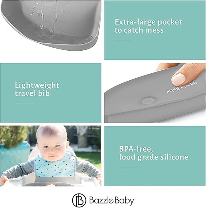 Bazzle Baby Silicone Bibs with Food Catcher - Rolls Up and Button closed for easy travel and storage Waterproof 2-Pk