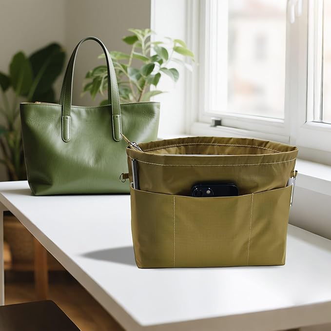 Time Wing Handbag Tote Purse Organizer Insert Bag Liner Shaper Pocketbook Divider Zipper 11 Pockets Compartments Medium Khaki Green