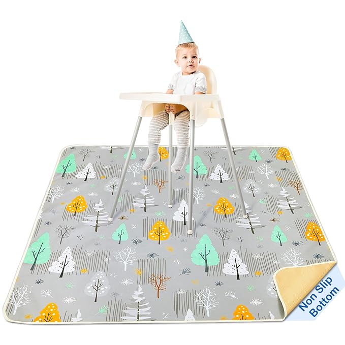 Basumee Splat Mat High Chair Mat Waterproof Baby Play Splat Mat for Under High Chair Food Catcher Highchair Mat for Floor Non Slip Bottom, Gray Tree, 46x42 Inches