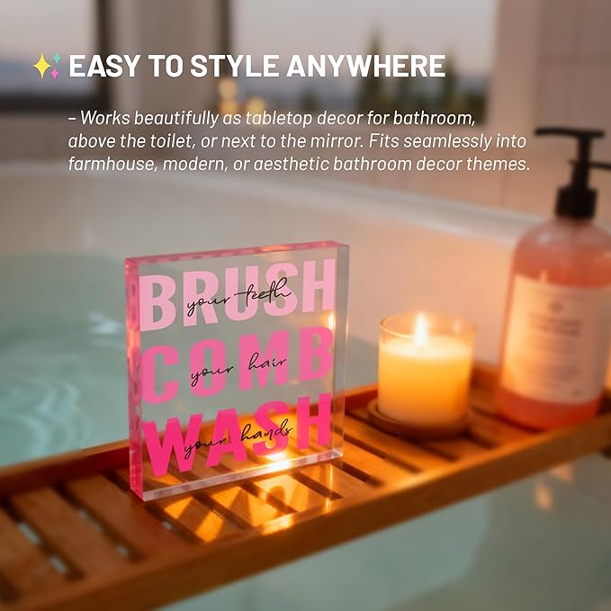 Pink Bathroom Decor, Acrylic Kids Bathroom Decoration Sign, Modern Restroom Decor, Cute Bath Rules Art, Self-care Gifts, Pink Aesthetic Vanity Sign for Girls, Women, Dorm Room