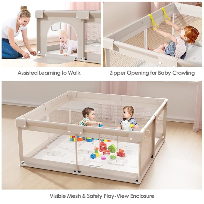 ZEEBABA Baby Playpen with Mat, 59x59 in Playpen for Babies and Toddlers, Play Pen for Kids, Play Yard for Infants with Gate