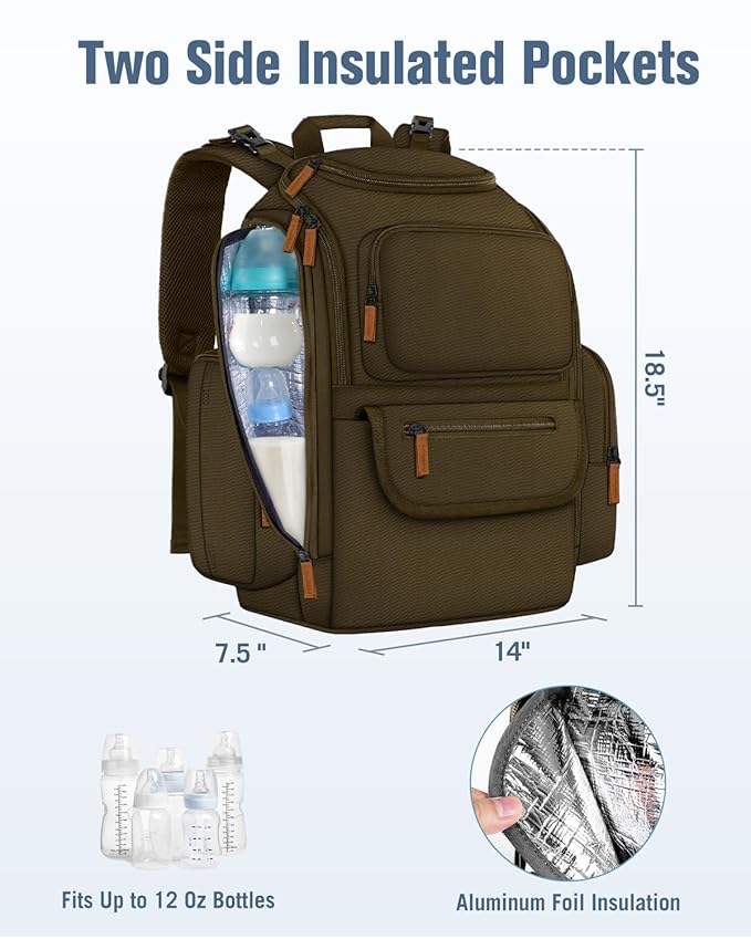 Mancro Diaper Bag Backpack, Large Multifunction Baby Backpack for Travel with Stroller Strap and 2 Insulated Pockets, Diaper Baby Bag for Mom, Dark Green