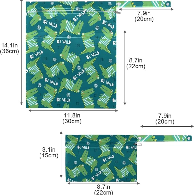 visesunny Crocodile Cartoon 2Pcs Wet Bag with Zippered Pockets Washable Reusable Roomy for Travel,Beach,Pool,Daycare,Stroller,Diapers,Dirty Gym Clothes, Wet Swimsuits, Toiletries
