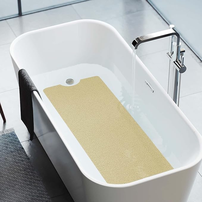 HITSLAM Non Slip Bathtub Mat 40 x 16 Inch, Extra Long Bath Mat for Tub, Soft PVC Loofah Shower Floor Mat with Drain, Quick Drying Bathroom Tub Mat for Wet Area, Without Suction Cup, Beige