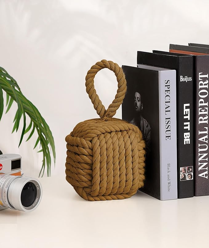 Decorative Door Stoppers - Cute Rope Knot Design, Heavy Duty Weighted Doorstop with Inside Mount for Home & School, Khaki