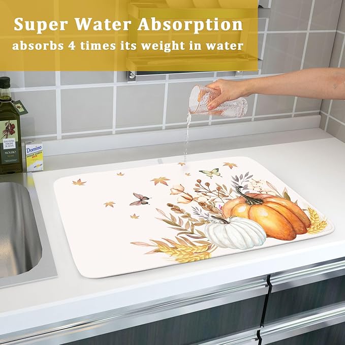 Fall Pumpkin Maple Dish Drying Mat for Kitchen Counter,Autumn Butterflies Harvest Drying Mat 18 x 24 Inch with Absorbent Reversible Microfiber Dish Drying Pad Dish Rack Drainer Mat for Coffee Bar