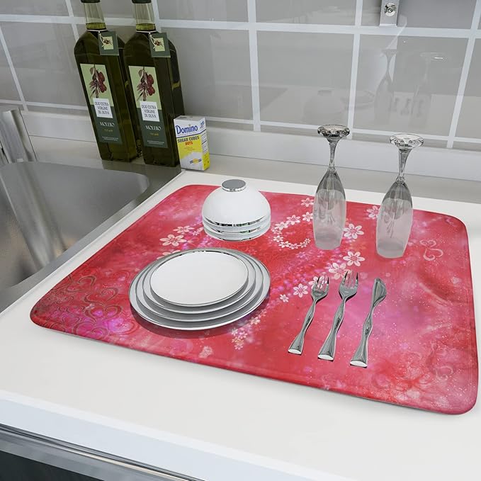 Valentines Day Dish Drying Mat for Kitchen Counter Red Heart Flower Decor Drying Mat 18 x 24 Inch with Absorbent Reversible Microfiber Dish Drying Pad Dish Rack Drainer Mat for Coffee Bar