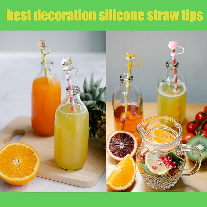 12Pcs Cute Silicone Straw Covers Cap,RENUIS Straw Toppers for Tumblers,Reusable Portable Drinking Straw Tips Lids,Dust-Proof Straw Plugs Soft Cap Protector Cover for 6-7mm Small Straws(Animals Theme)