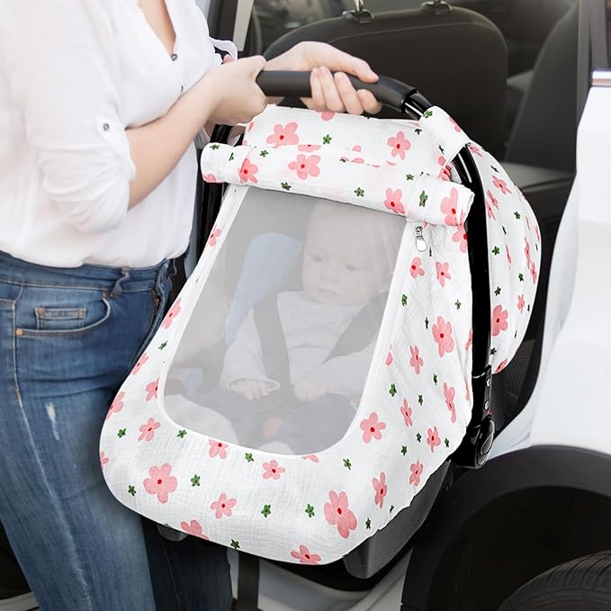Hooyax Muslin Car Seat Cover Baby - Breathable and Privacy Car Seat Canopy with 3 Modes - Easy Install & Gift Box Packaging, Universal Fit for Infant Car Seats, Pink Flower