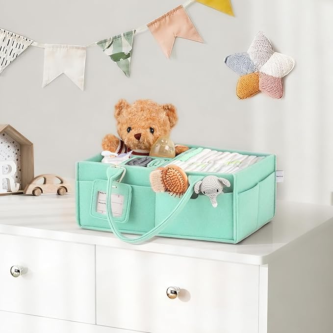 GEMII Diaper Caddy Organizer-Large Baby Caddy Organizer with Handle, Newborn Registry Essentials, Baby Shower Basket Gifts for Boys or Girls (Green, Large)