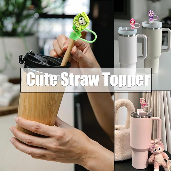 6Pcs 10mm Curly Haired Mermaid Straw Cover for Stanley Cup,Dust-Proof Straw Topper for 30&40 oz Tumblers and Water Bottles,Reusable Tumbler Cup Accessories for Stanley,Funny Gifts for Women & Girls