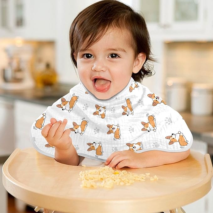 Qinllo 2 Pack Muslin Burp Cloths Cute Corgi Dogs White Cotton Baby Burp Cloths Extra Absorbent and Soft Thick Burping Cloth for Newborn Boys Girls 22x11 Inch