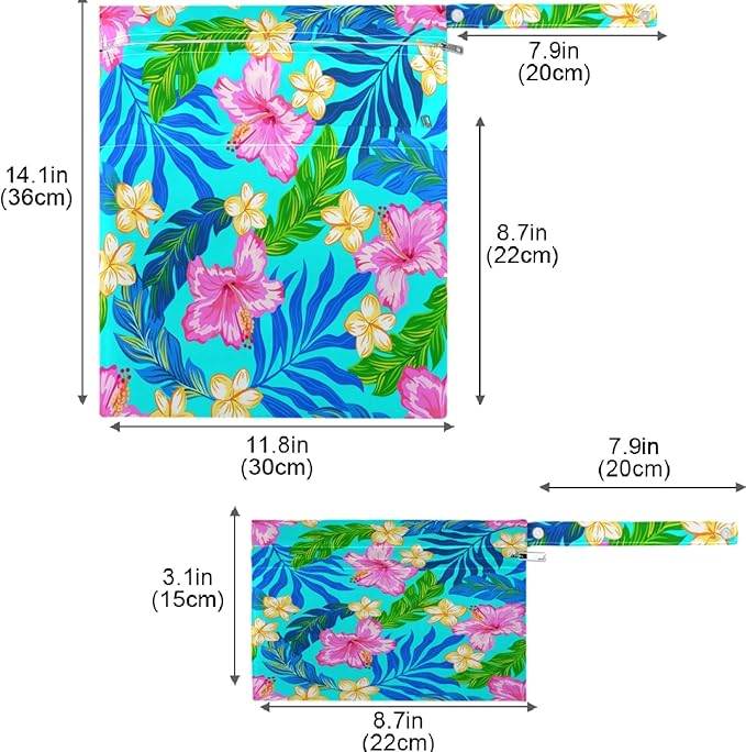visesunny Tropical Hibiscus Floral Turquoise 2Pcs Wet Bag with Zippered Pockets Washable Reusable Roomy for Travel,Beach,Pool,Daycare,Stroller,Diapers,Dirty Gym Clothes, Wet Swimsuits, Toiletries