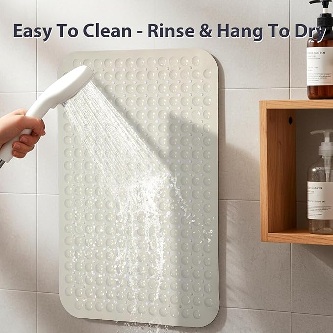 Beige Bathtub Mat Shower Mat Non Slip 17x30 Inch Standard Size, Soft Bubble Bath Tub Mat Shower Mats for Inside Shower Bathroom Floor Mat with Big Suction Cups & Drain Holes, BPA-Free