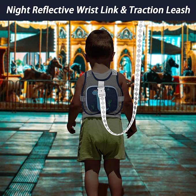 Accmor Toddler Harness Leash, Cute Dinosaur Kids Leashes + Reflective Anti Lost Wrist Link, Collapsible Baby Walking Harness Belt, Breathable Child Hand Strap Tether for Boys Traveling in Hot Weather