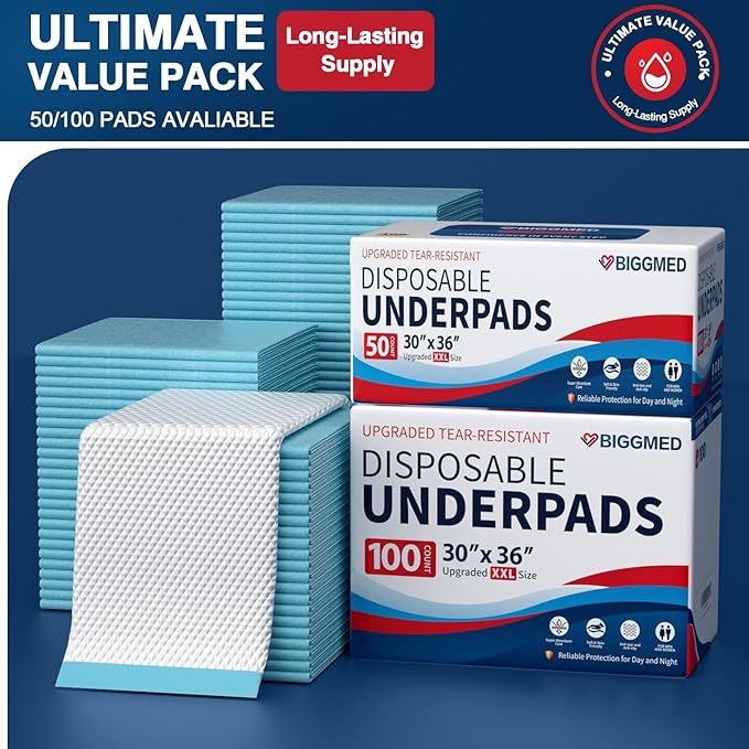 Tear-Resistant Disposable Bed Pads 30" x 36" 50 Count Absorbent Underpads, Chux Thicker Extra Large Incontinence Bed Pads, Pee Pads for Adults, Kids, Elderly, Pets