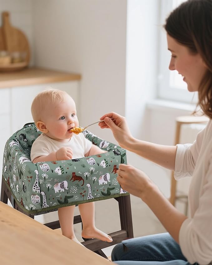 Lunobubo Baby High Chair Cover Restaurant with Strap Pads & 3-Point Harness, Machine Washable, Waterproof Portable Highchair Covers for Eating, Travel, Home Use - Fits Wooden Chairs, Green Dinosaurs