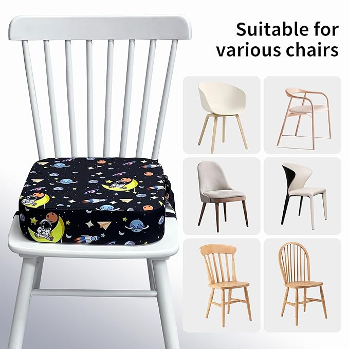 Toddler Booster Seat for Dining Table, Waterproof Kids Booster Seat for Kitchen Chair, High Density Foam Cushion with Non-Slip Bottom, Washable Cover & Adjustable Straps (Black Starry Sky)