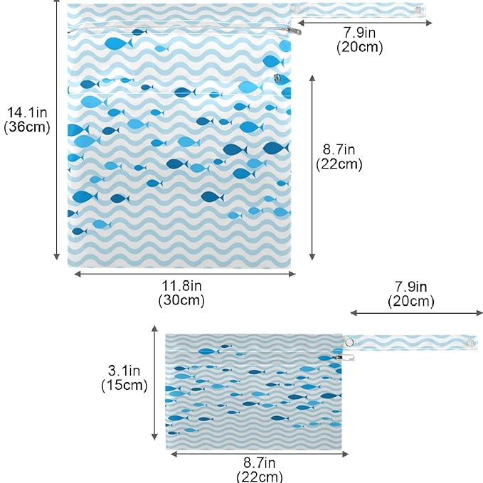 visesunny Blue Fish Sea Waves 2Pcs Wet Bag with Zippered Pockets Washable Reusable Roomy for Travel,Beach,Pool,Daycare,Stroller,Diapers,Dirty Gym Clothes, Wet Swimsuits, Toiletries