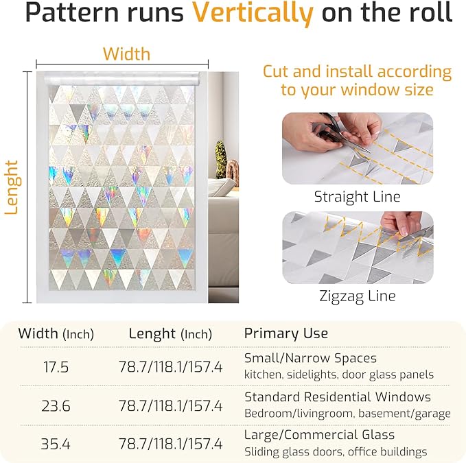 LUTE Window Privacy Film, Decorative Stained Glass Rainbow Window Clings, Sun Blocking Glass Covering, Renter-Friendly Static Cling Sticker Frosted Decals for Home Door Office, 23.6" x 118.1"
