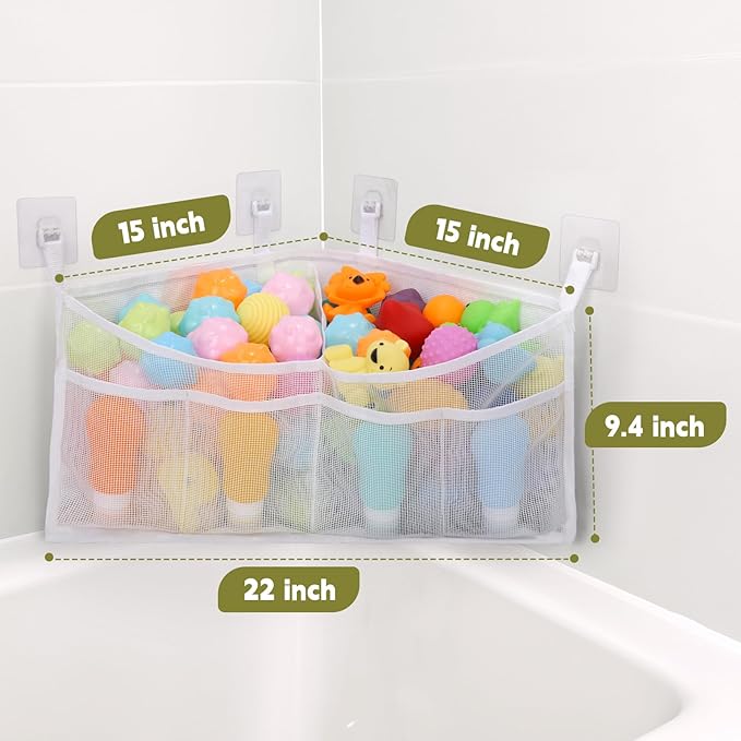 Goowin Bath Toy Organizer, Triangle Corner Bath Toy Storage, Quick Access Bath Toy Holder for Bathtub, Large Capacity Bath Storage for Toys, Quick Dry Mesh Bath Toy Holder for Hanging, White