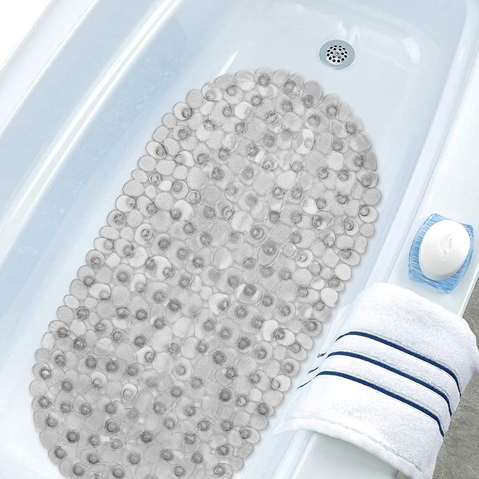 WELTRXE Pebbles Bathtub Mat Non Slip Oval Shower Mat with Suction Cups, Drain Holes, 27 x 14 Inch Plastic Bathroom Tub Mats Machine Washable, BPA, Latex Free Safety Mat for Bath Tub, Clear Gray