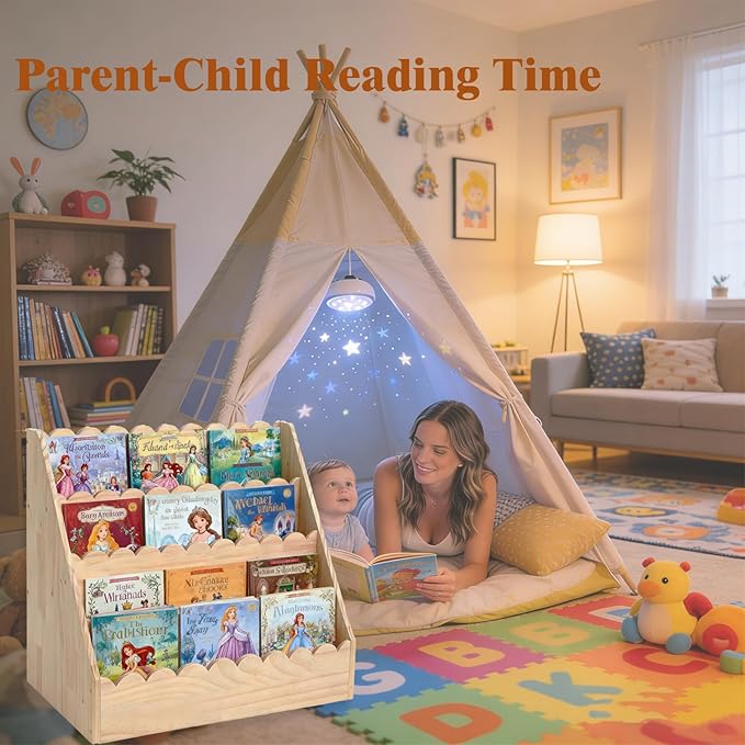 OCMML Kids Bookshelf-3-Tier Wooden Book Shelf for Kids Rooms,Nursery&Toddlers Montessori Bookcase with Deep Storage Pockets, Baby Book Storage,Children's Bookshelf for Nursery&Bedroom (Small)