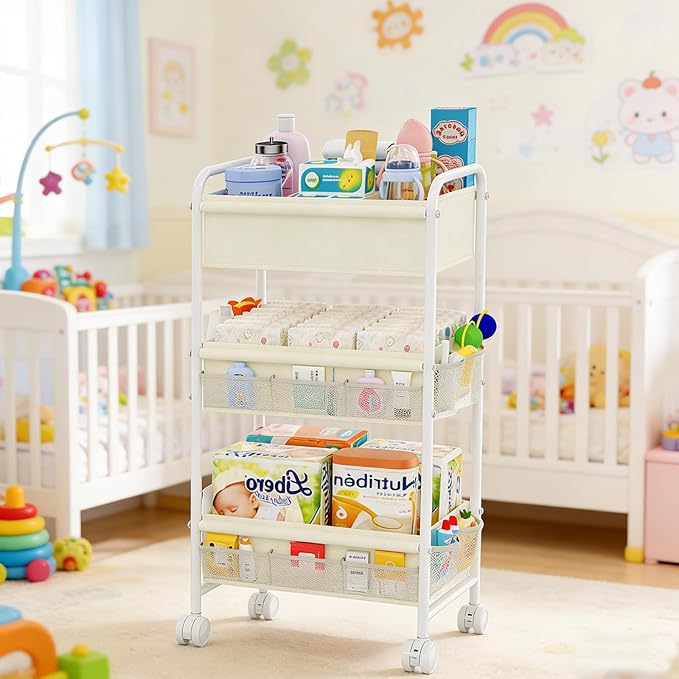 3-Tier Baby Diaper Caddy Cart Organizer,Mobile Nursery Storage Carts with Wheels,With 2 Dividers&14 Mesh Pockets Durable Metal Utility Cart for Nursery, Bedroom, Bathroom, Baby Essentials Organization