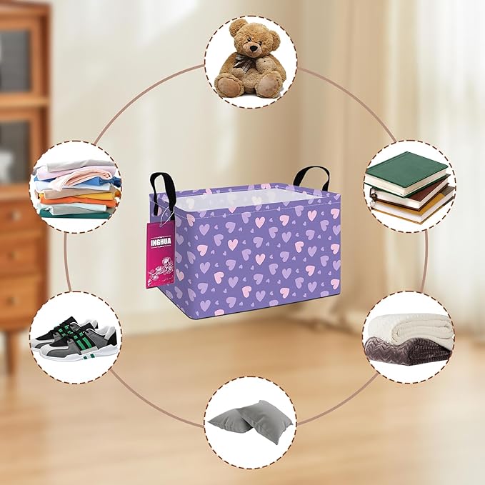 INGHUA Rectangular Storage Basket Fabric Organizer Bin for Toys,Books,Clothes,Gifts,Pets-Perfect for Home,Office,Nursery,Dorm,Shelf(Rec-Purple hearts)