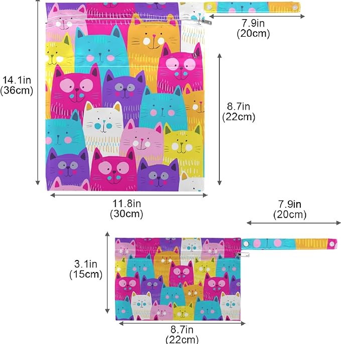visesunny Colorful Cat 2Pcs Wet Bag with Zippered Pockets Washable Reusable Roomy for Travel,Beach,Pool,Daycare,Stroller,Diapers,Dirty Gym Clothes, Wet Swimsuits, Toiletries