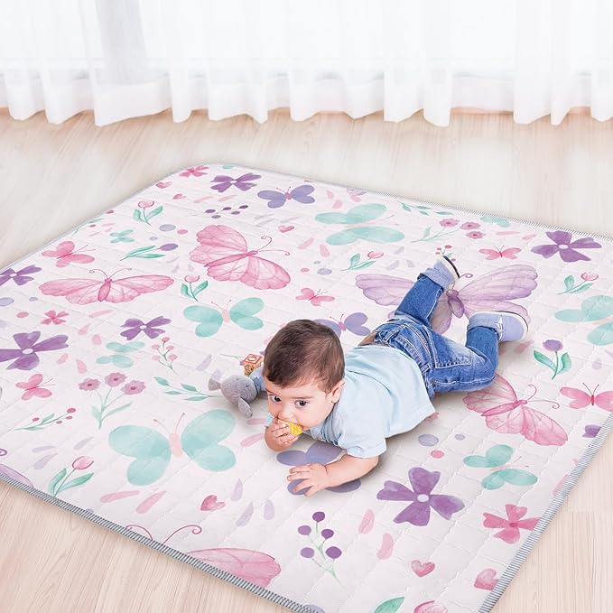 Funtery 43 x 43 Inch Boho Baby Play Mat Portable Crawling Washable Foldable Tummy Time Non Slip Baby Floor Large Playpen Mat for Infants Toddlers Floor Playpen Activity(Butterfly)