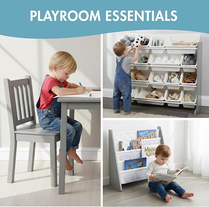 Humble Crew 4-Tier Kids Bookshelf, Grey Wood/White - Premium Book Shelf for Kids Rooms with Four Deep Pockets - Toddler Sling Book Rack with Deep Sleeves, Nursery Bookcase Organizer