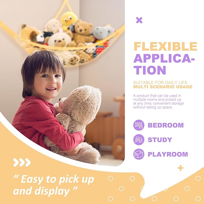 Lazebox Stuffed Animal Net Hammock for Plushie Toys, Stuffed Animal Hammock Corner for Kids' Room Decor, Ideas for Organizing Stuffy Collection, Yellow, L (67" x 40" x 40")-Pack of 1