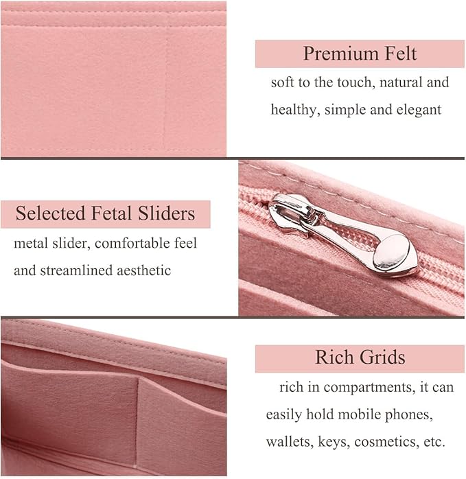 Chispee Felt Bag Organizer Insert with Zipper for Small Tote, Baguette & Handbags (Small, Pink)