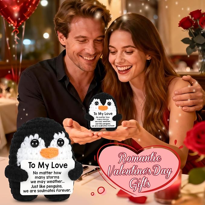 CryCarrot Gifts for Him Her Boyfriend Girlfriend, to My Love Handmade Crochet Mini Penguin Anniversary Birthday Gifts for Women Men, Romantic Valentines I Love You for Wife Husband Couples