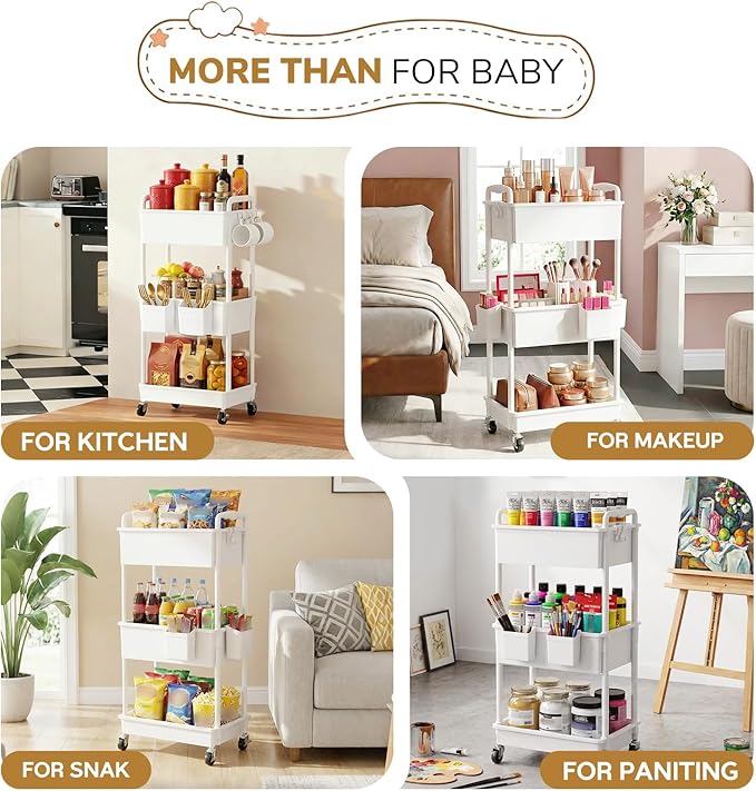 Goovilla Diaper Cart with Lockable Wheels and Easy Assembly, 3 Tier White Rolling Cart for Baby Nursery Storage, Sturdy Ample Diaper Caddy Organizer for Baby Girl, Boy, New Mom, Newborn Essentials