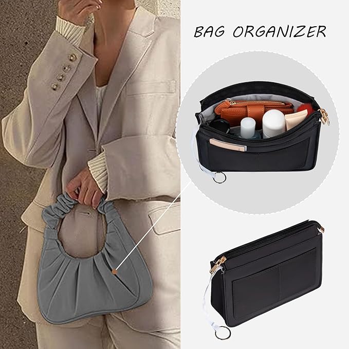 Vercord Purse Organizer Insert with Zipper for Women Hobo Handbags Shaper Insert 12 Pockets Bag Black Small