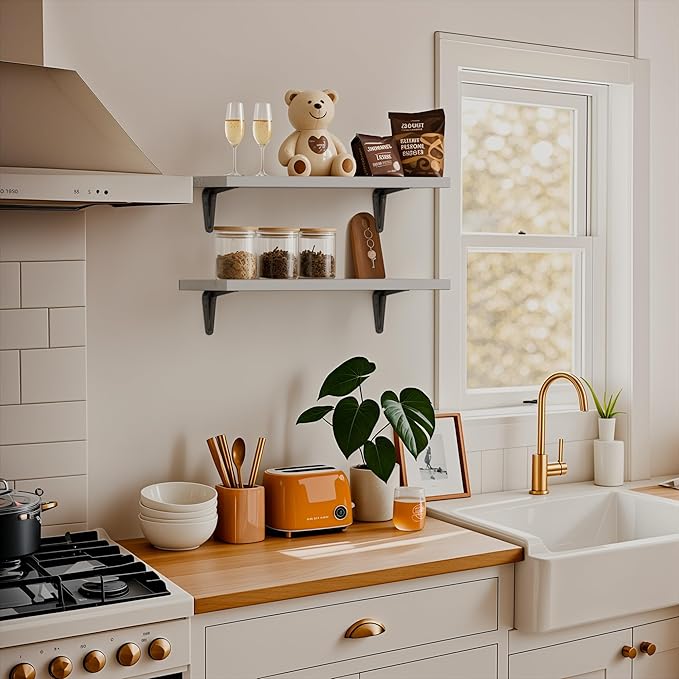 SKYSEN Floating Shelves for Wall Set of 6, 15.7in Wood Wall Shelf for Decor, Bathroom, Bedroom, Storage, Book,Kitchen, Living Room - Grey(fs-40-g)