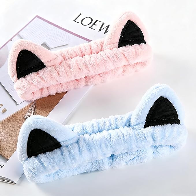 2 Pcs Cat Ears Headband, Cute Spa Headbands for Washing Face Skincare Makeup Headbands for Women Girls Trendy Stuff Present Soft Coral Fleece Hair Accessories(Light Blue + Pink)
