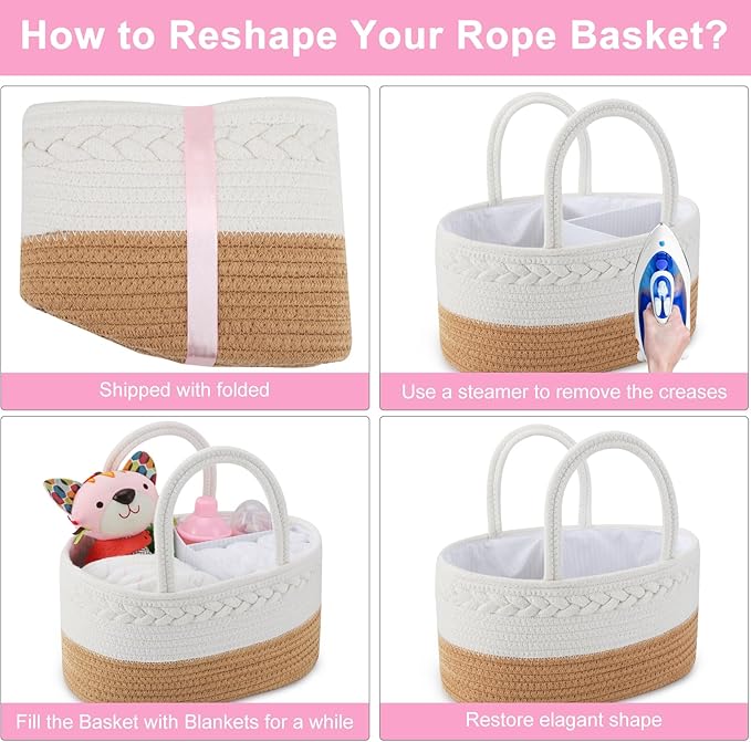ABenkle Diaper Caddy Organizer, Boho Rustic Cotton Rope Nursery Baby Basket, Changing Table Organizer for Baby Diaper Storage and Baby Shower