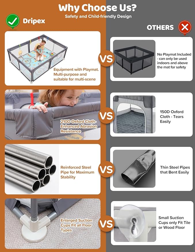 Dripex Baby Playpen with Mat, 71"x47" Play Pen for Toddlers 1-3 Years, Soft Breathable Visible Mesh, Indoor/Outdoor Portable Play Yard with Mat, Safe Baby Fence Play Area, Light Grey