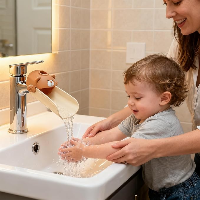 Skyroku Faucet Extender for Kids, Temperature-Sensitive Faucet Spout Extension for Independent Hand Washing - Cute Bear Design, Fits Most Bathroom & Kitchen Sinks (Brown&Green)