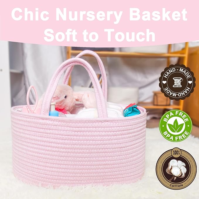 ABenkle Diaper Caddy Organizer - Cotton Rope Nursery Storage Basket for Baby Essentials, Boys & Girls Shower Gift, Changing Table Organizer