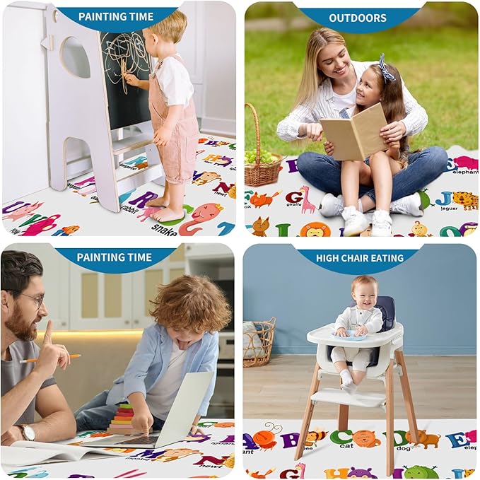 High Chair Splash pad, 51" 51 Non-Slip Waterproof Multi-Purpose Splash pad, Washable Splash pad for high Chair Floor Protection Table Cloth Portable Early Education Picnic Play mat (Alphabet)
