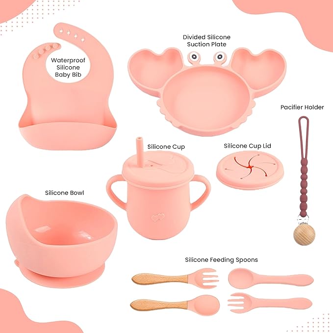 Silicone Baby Feeding Set 14 Pcs | Baby Led Weaning Supplies | Baby Spoons Suction Bowl Divided Plate Bib Cup | First Stage Solid Food Eating Utensils - 6+ Months (Pink)