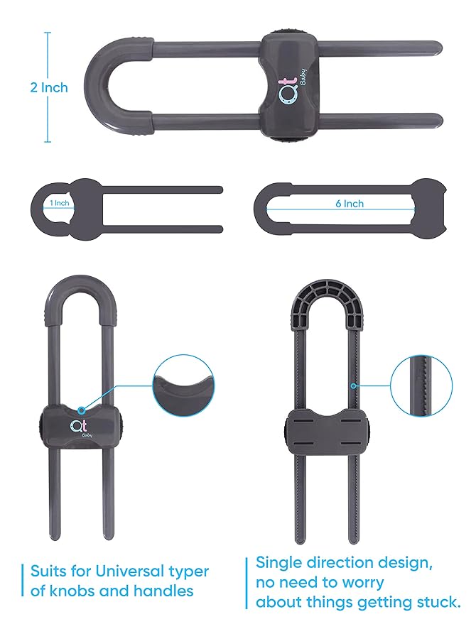 QT BABY Baby Proofing Cabinet Locks Adjustable U Shaped Baby Safety Latches for Drawers, Fridge, Closet Modern Baby Proofing Cabinet Lock with Extra Secure Lock Buttons (Pack of 6, Thunder Grey)