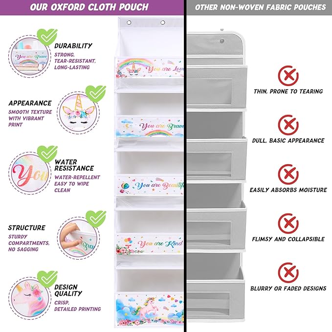WERNNSAI Unicorn Over the Door Organizer, 5 Large Pockets Hanging Organizer with 10 Mesh Side Pockets, Storage Toy Diaper Baby Essential, Baby Nursery Storage for Girl Bedroom Bathroom Playroom Decor