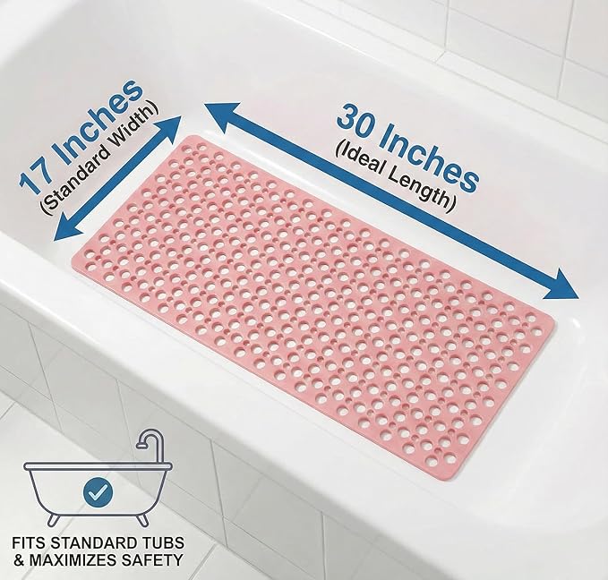 Nonslip Bathtub Mat Extra Soft TPE Bath Mat for Kids, Machine Washable Bathroom Shower Mat, Smooth/Non-Textured Tubs Only, 30L x 17W Inch (Pink)