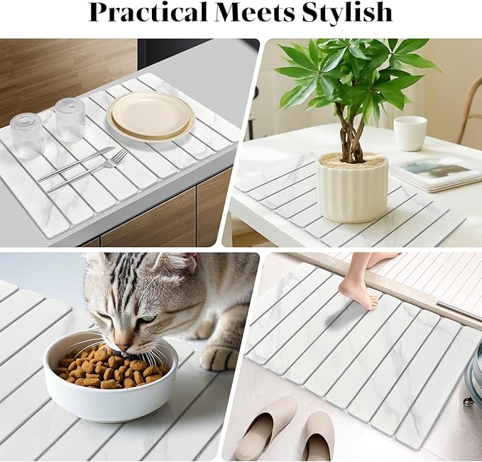Large Stone Dish Drying Mats for Kitchen Counter, 24"(L)×16"(W) Fast Drying Collapsible Dish Drying Mat, Eco-Friendly Absorbent Diatomaceous Earth Mats for Dishes Bottles Cups, Marble-Pattern