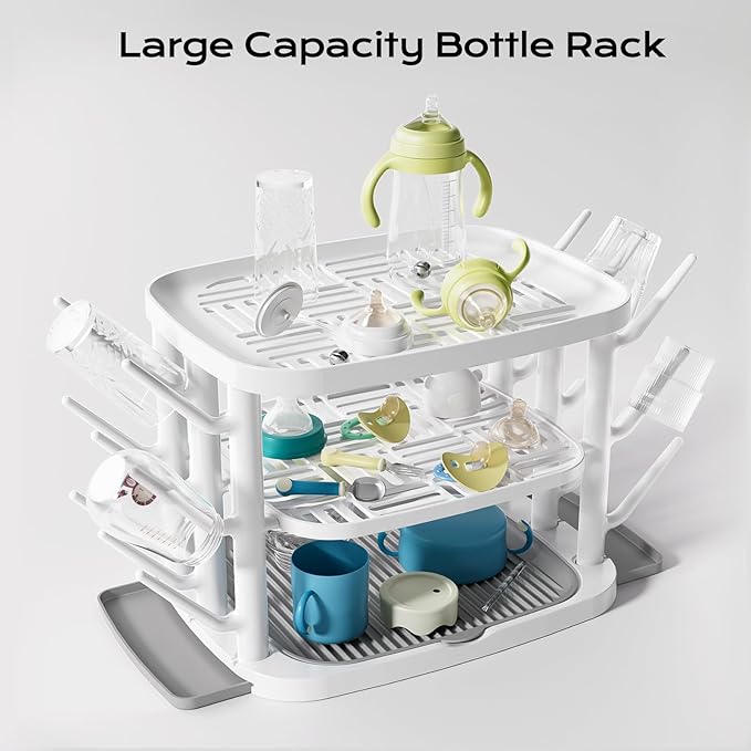 Baby Bottle Drying Rack,3-Tier Large Capacity Countertop Organizer with 360° Ventilation, Removable Drip Tray, Non-Slip Base – Easy to Clean Bottle Holder for Baby Accessories